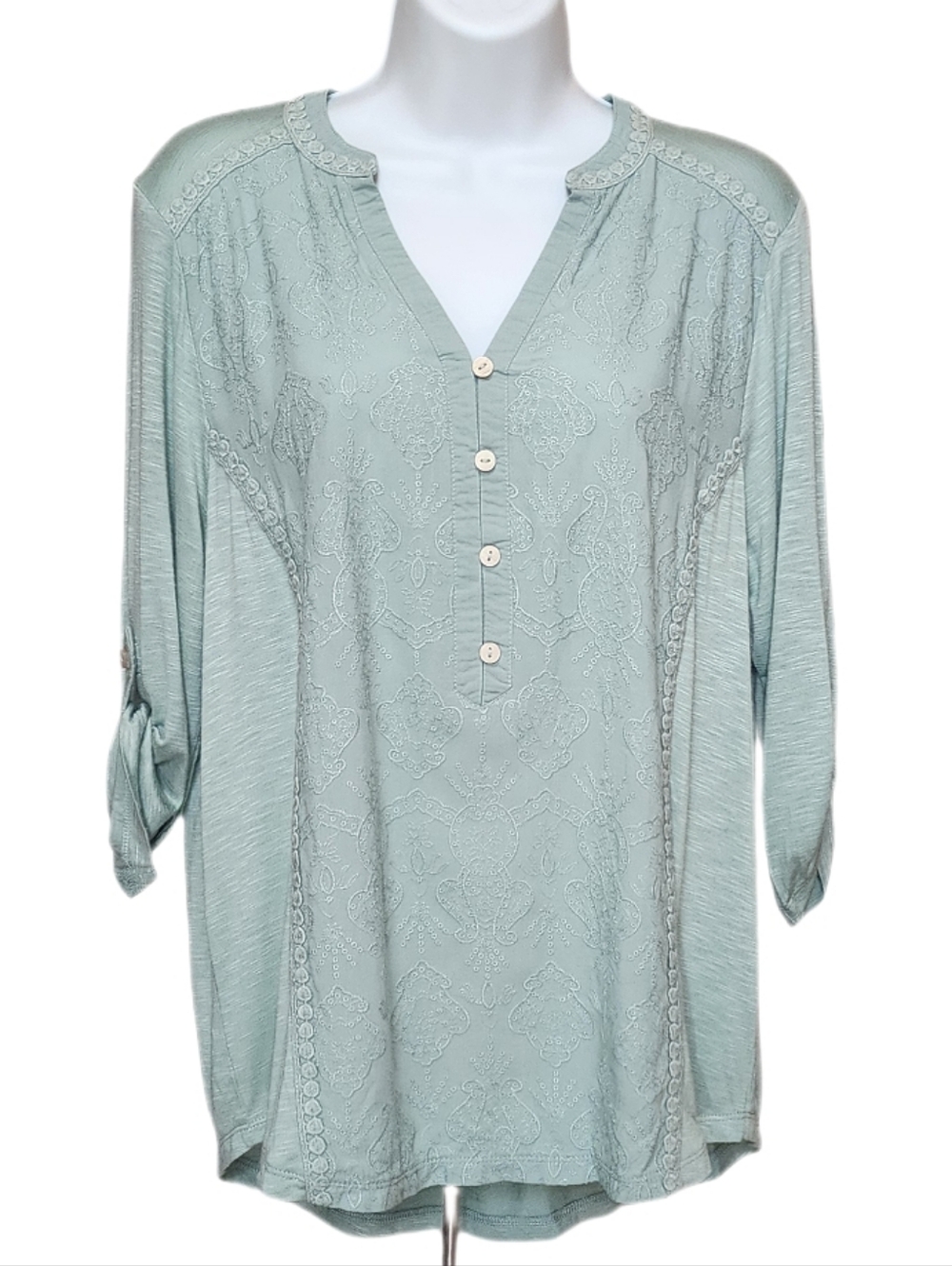 Democracy Embroidered Lace Blouse Top Split Neck Roll Tab 3/4 Sleeves Green M